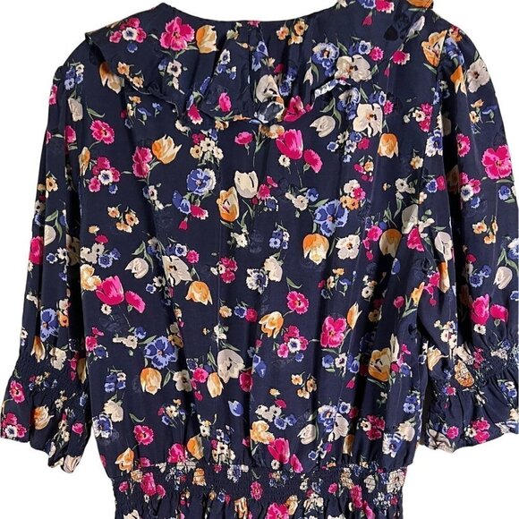 Lauren Ralph Lauren Navy Floral Women's Size Large V-Neck Ruffle Top - Picture 8 of 11